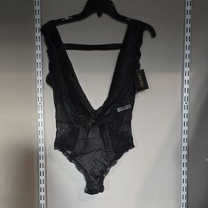 Avia Black Lace Lingerie Plunge Teddy with Satin Neckline And Lace Sides